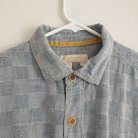 The Territory Ahead Shirt Men L Blue Check Linen Blend Button Up Textured - Picture 2 of 9